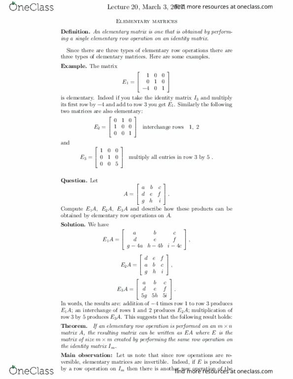 MATH125 Lecture Notes - Lecture 20: Elementary Matrix, Invertible Matrix, Identity Matrix thumbnail