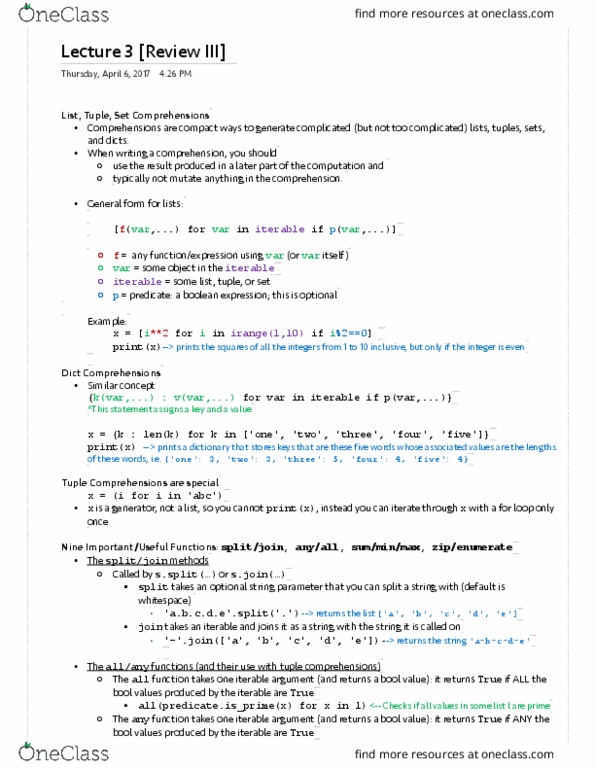 I&C SCI 33 Lecture Notes - Lecture 3: Tuple, Iterator, Boolean Expression thumbnail