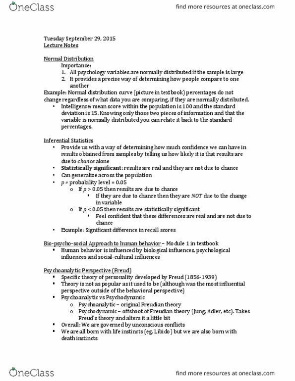 PSYC 1010 Lecture Notes - Lecture 4: Normal Distribution, Standard Deviation, Human Behavior thumbnail
