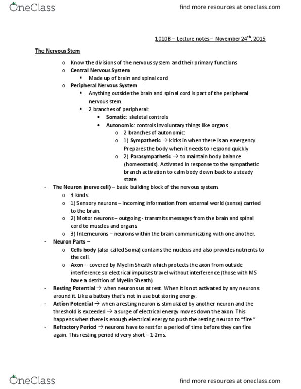 PSYC 1010 Lecture Notes - Lecture 15: Peripheral Nervous System, Axon Terminal, Central Nervous System thumbnail