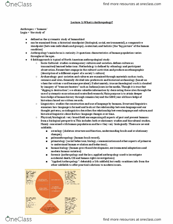 ANTHROP 1AA3 Lecture Notes - Lecture 5: Sociocultural Anthropology, Historical Archaeology, Structural Linguistics thumbnail