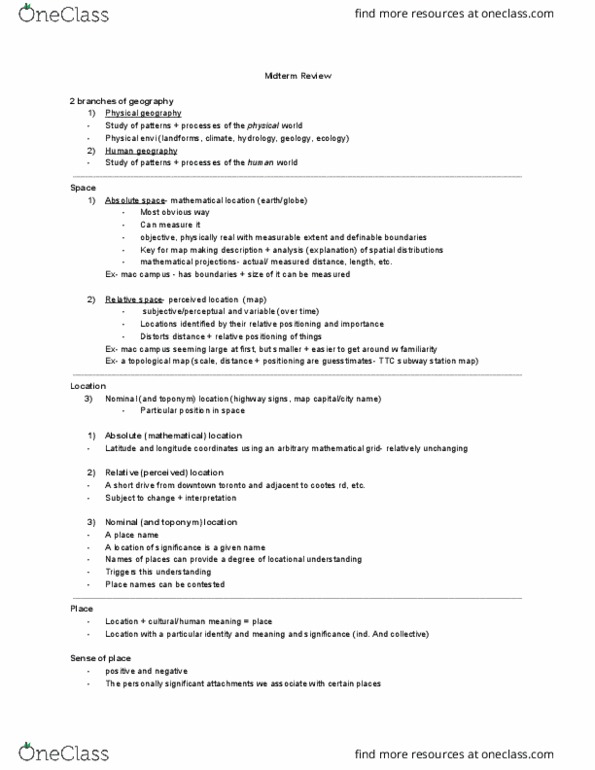 GEOG 1HA3 Lecture Notes - Lecture 6: Spatial Scale, Topological Map, Cultural Landscape thumbnail