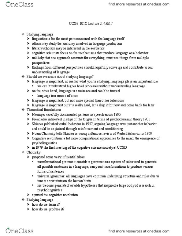 COGS 101C Lecture Notes - Lecture 2: Cognitive Science Society, Noam Chomsky, Transformational Grammar thumbnail