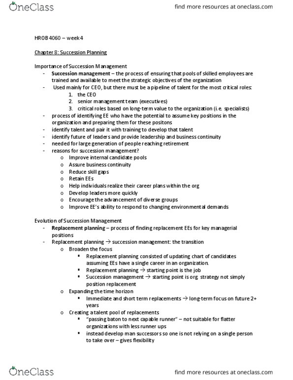 HROB 4060 Lecture Notes - Lecture 4: Job Rotation, Succession Planning, Management Development thumbnail