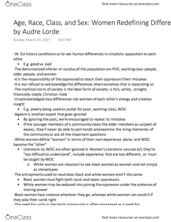 WOMENST 1A03 Chapter Notes - Chapter 9: Ageism, Audre Lorde thumbnail