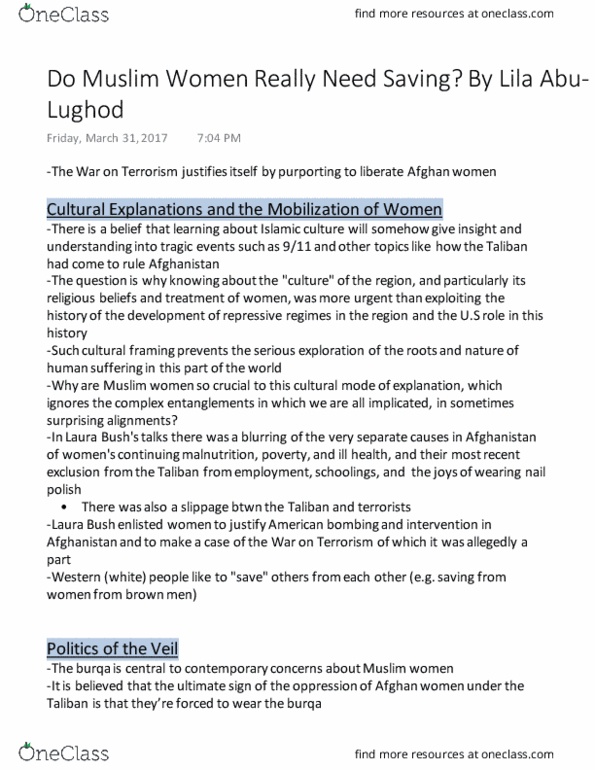 WOMENST 1A03 Chapter Notes - Chapter 16: Burqa, Laura Bush, Postcolonial Feminism thumbnail