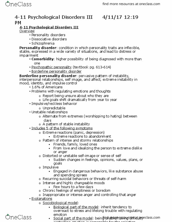 PSYC 111 Lecture Notes - Lecture 23: Personality Disorder, Borderline Personality Disorder, Dissociative Disorder thumbnail