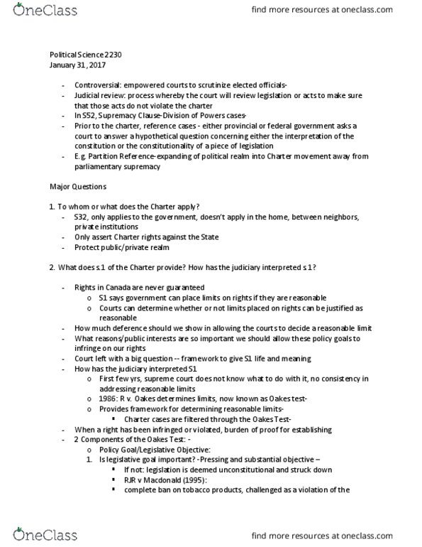 Political Science 2230E Lecture Notes - Lecture 3: Section 33 Of The Canadian Charter Of Rights And Freedoms, Veto, Charter Of The French Language thumbnail