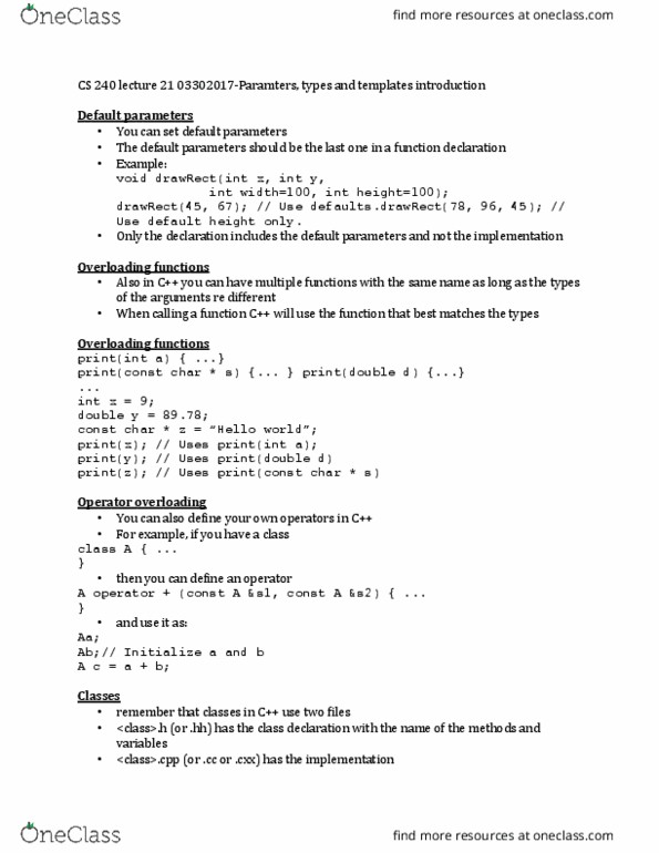 CS 24000 Lecture Notes - Lecture 21: Inline Function, Operator Overloading, In C thumbnail