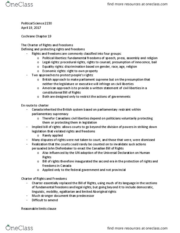 Political Science 2230E Chapter Notes - Chapter 19: Charter Of The French Language, Parliamentary Sovereignty, Freedom Of Movement thumbnail