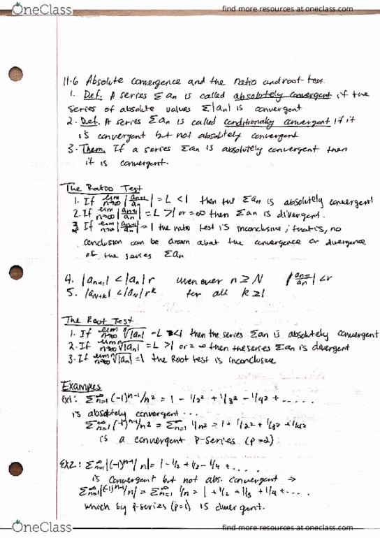 MA 16200 Chapter Notes - Chapter 11.6: Root Test, Ratio Test thumbnail