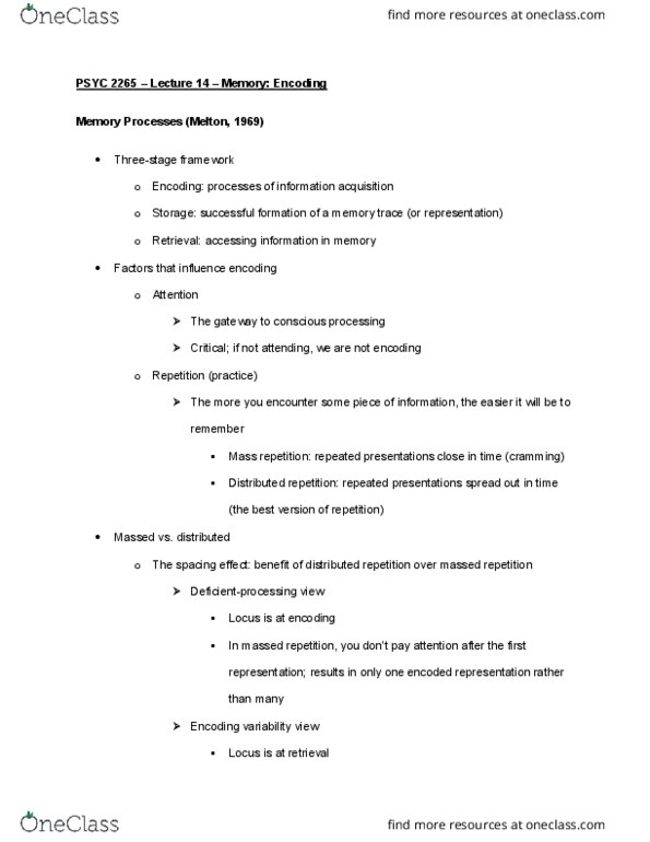 PSYC 2265 Lecture 14: PSYC 2265 – Lecture 14 – Memory: Encoding thumbnail