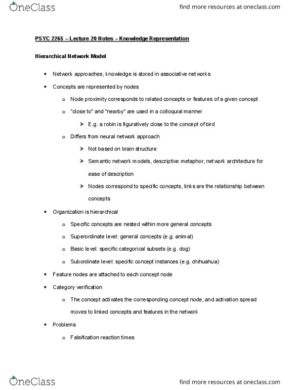 PSYC 2265 Lecture Notes - Lecture 20: Semantic Network, Knowledge Representation And Reasoning, Network Architecture thumbnail