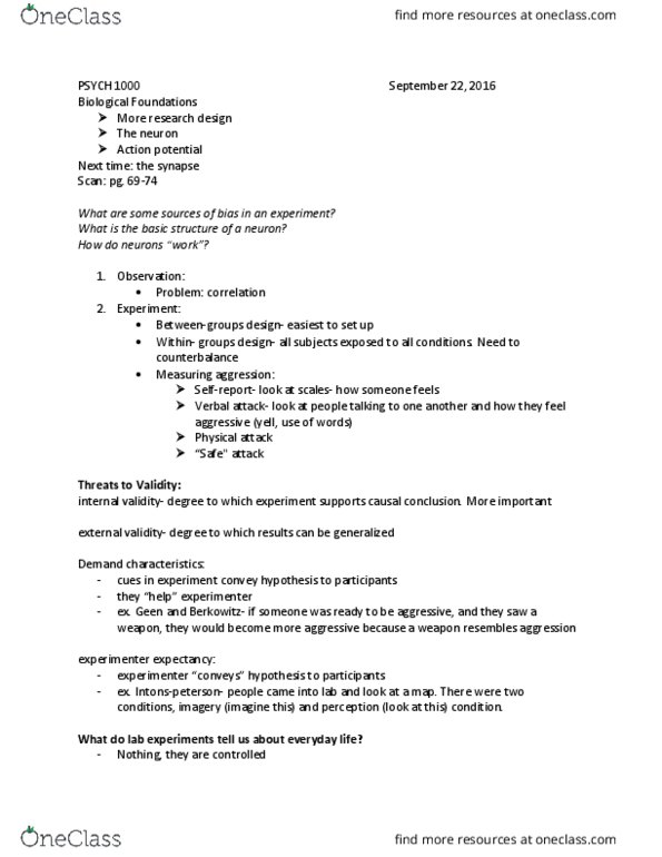 Psychology 1000 Lecture Notes - Lecture 5: Mental Chronometry, Random Assignment, Demand Characteristics thumbnail