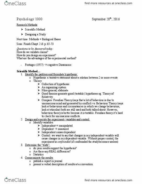 Psychology 1000 Lecture Notes - Lecture 4: Unconscious Mind, Anna O., Dependent And Independent Variables thumbnail