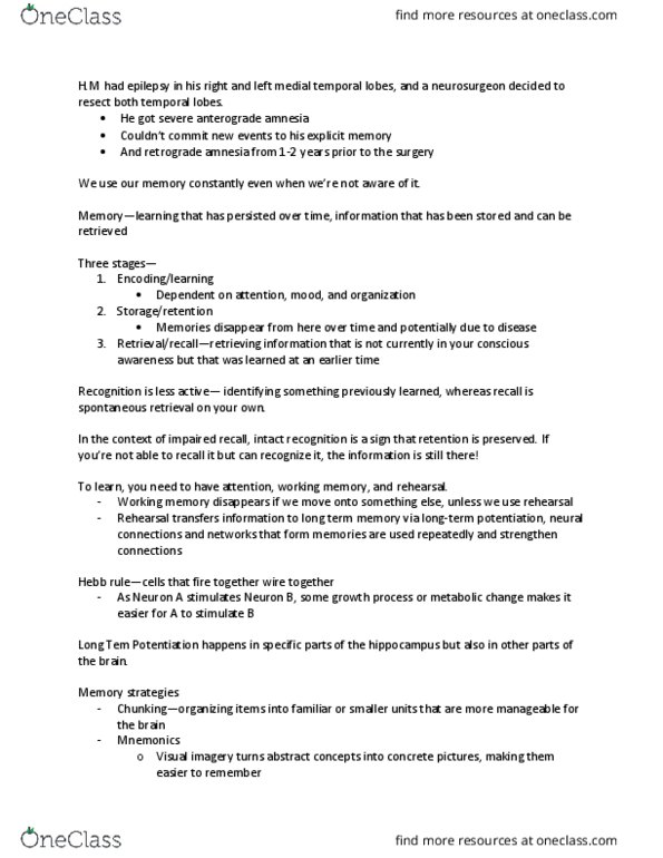 PSYC-251 Lecture Notes - Lecture 7: Long-Term Memory, Intrusive Thought, Encephalitis thumbnail