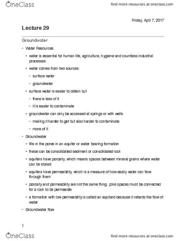 GEOL 101 Lecture Notes - Lecture 29: Hydraulic Head, Aquifer, Vadose Zone thumbnail