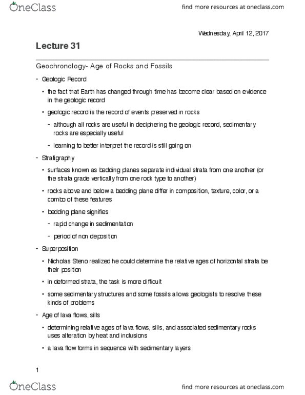 GEOL 101 Lecture Notes - Lecture 31: Lithostratigraphy, Erosion Surface, Unconformity thumbnail