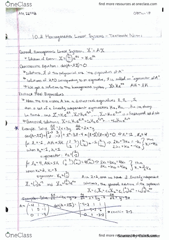 Applied Mathematics 2277A/B Chapter 10.2: Textbook Note Ch. 10.2 Homogeneous Linear Systems thumbnail