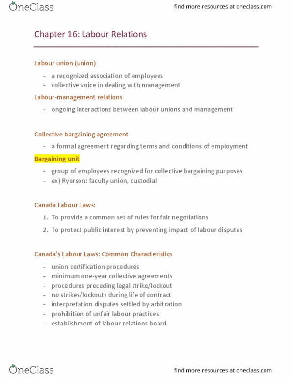 MHR 523 Lecture Notes - Lecture 9: Labor Management Relations Act Of 1947, Trade Union thumbnail