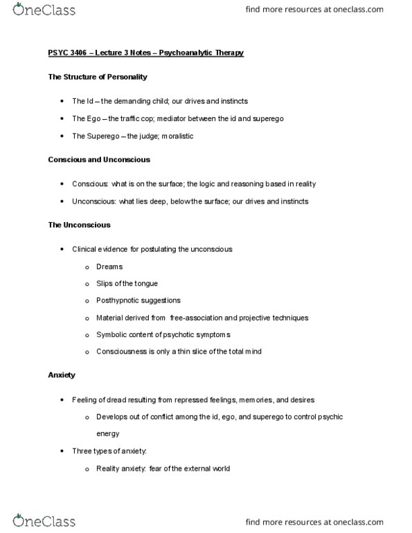 PSYC 3406 Lecture Notes - Lecture 3: Relational Psychoanalysis, Psychodynamics, Self Psychology thumbnail