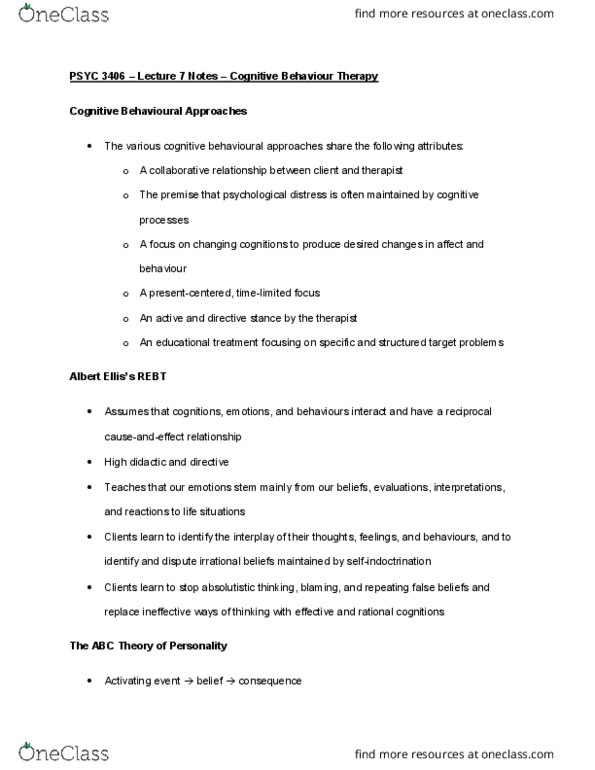 PSYC 3406 Lecture Notes - Lecture 7: Cognitive Restructuring, Cognitive Behavioral Therapy, Cognitive Therapy thumbnail