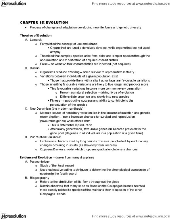 BIO342H5 Chapter Notes - Chapter 15: Genetic Recombination, Allele Frequency, Neo-Darwinism thumbnail