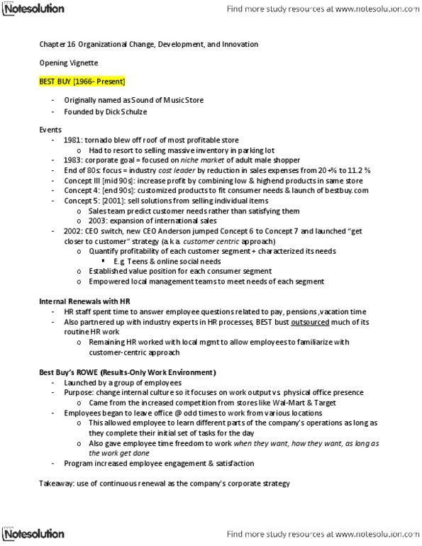 Management and Organizational Studies 2181A/B Chapter Notes - Chapter 16: Richard T. Schulze, Employee Engagement, Organization Development thumbnail