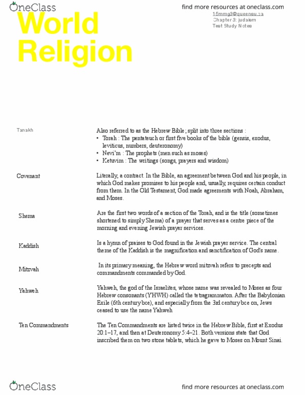 RELS 131 Chapter Notes - Chapter judaism: Tallit, Midrash Halakha, Oral Torah thumbnail