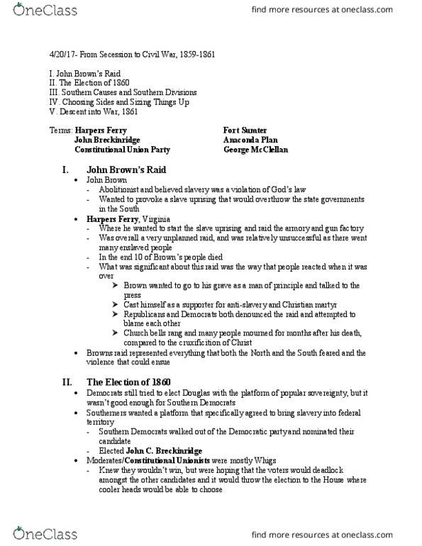 HY 103 Lecture Notes - Lecture 24: Southern Democrats, Anaconda Plan thumbnail