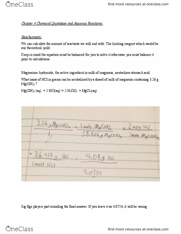CHEM 1031 Chapter Notes - Chapter 4: Sodium Chloride, Limiting Reagent, Magnesium Hydroxide thumbnail