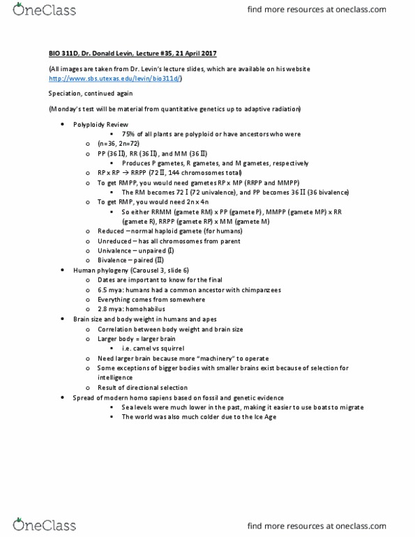 BIO 311D Lecture Notes - Lecture 35: Genetic Drift, Homo Sapiens, Principle Of Bivalence thumbnail