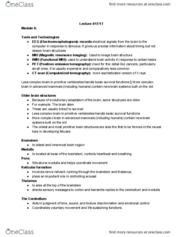 PSYCH 10 Lecture Notes - Lecture 3: Proprioception, Hypothalamus, Endocrine System thumbnail