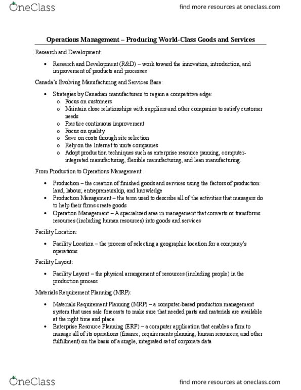 AFM131 Lecture Notes - Lecture 6: Gantt Chart, Mass Customization, Enterprise Resource Planning thumbnail