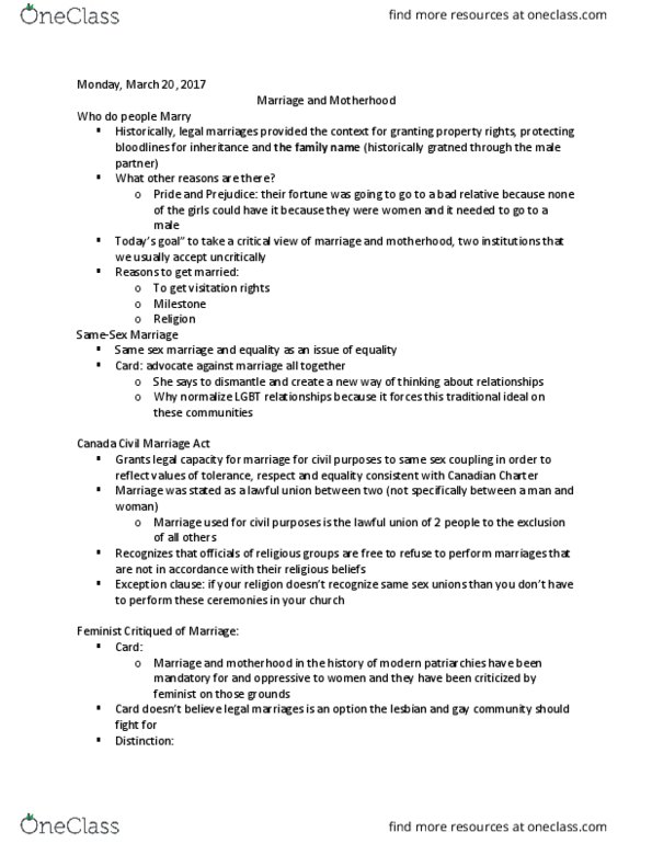 Women's Studies 2160A/B Lecture Notes - Lecture 10: Dating Abuse, Civil Marriage Act, Intestacy thumbnail