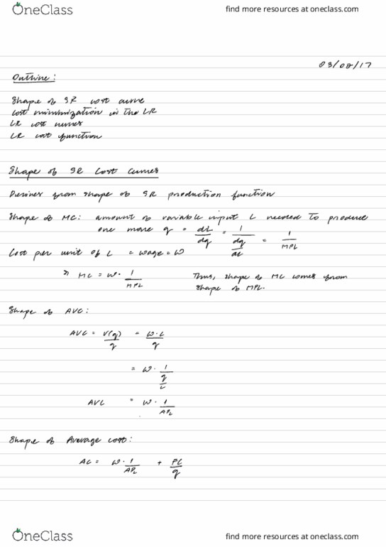 ECON 1100 Lecture Notes - Lecture 9: Isocost, Profit Maximization, Production Function thumbnail