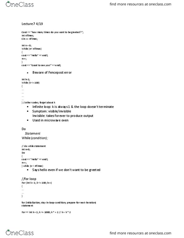 COM SCI 31 Lecture Notes - Lecture 7: Microwave Oven, Infinite Loop thumbnail