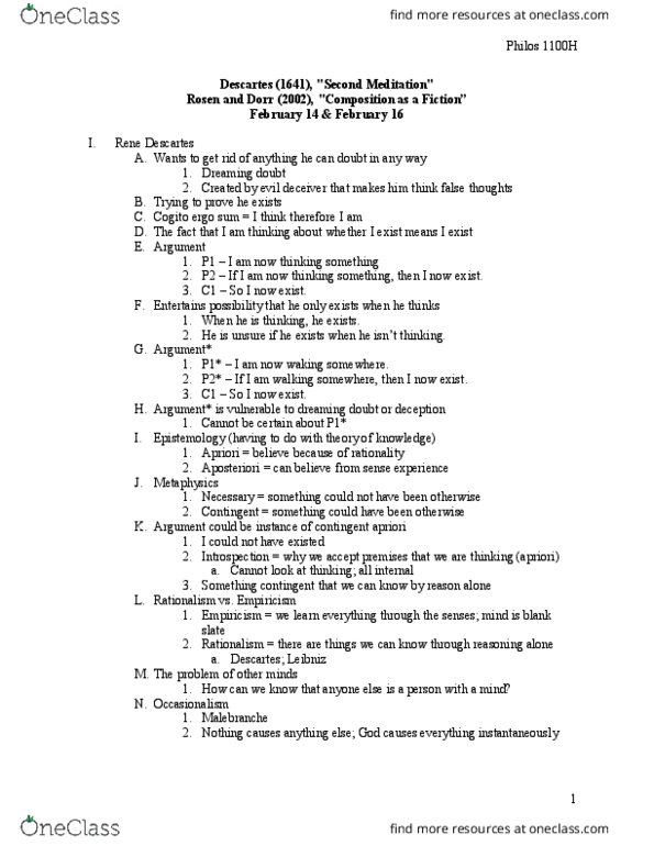 PHILOS 1100H Lecture Notes - Lecture 5: Mereology, Cogito Ergo Sum, Tabula Rasa thumbnail