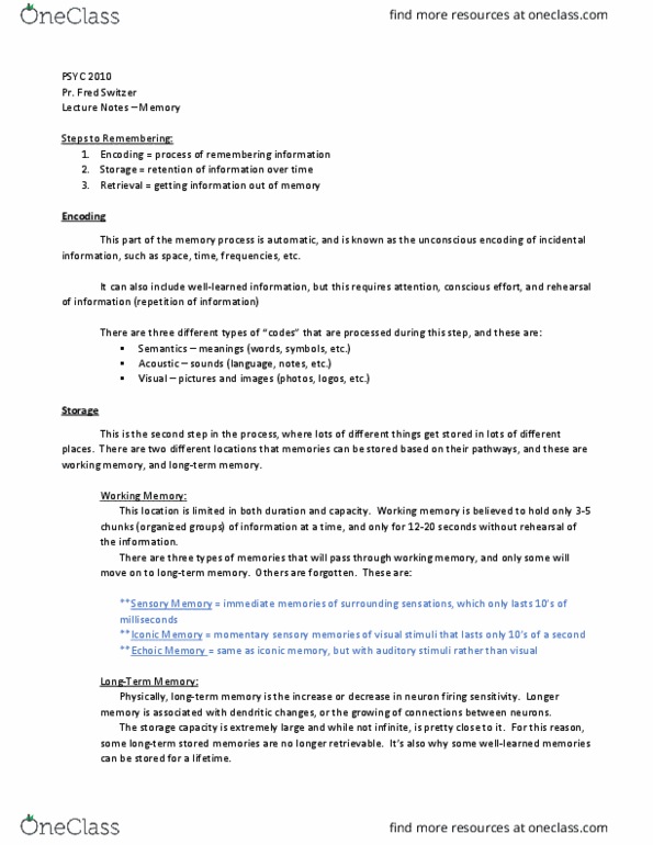 PSYCH 2010 Lecture Notes - Lecture 9: Posttraumatic Stress Disorder, Iconic Memory, Working Memory thumbnail