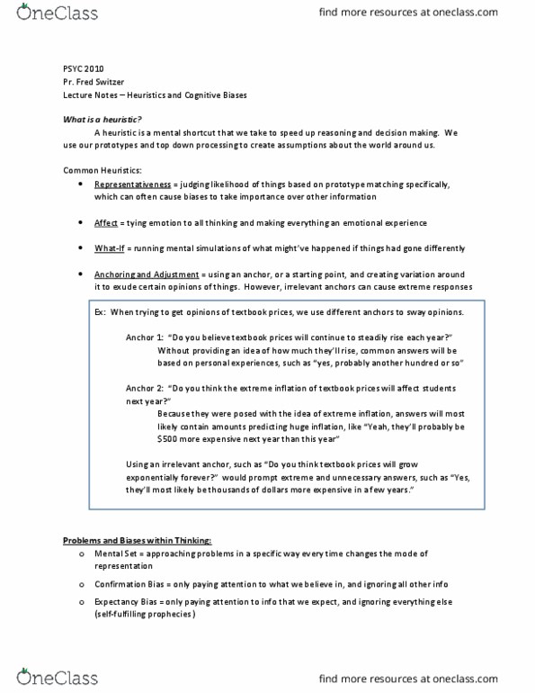 PSYCH 2010 Lecture Notes - Lecture 10: Bounded Rationality, Confirmation Bias thumbnail