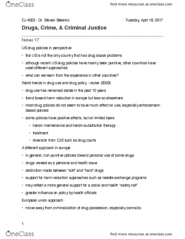 CJ 4002 Lecture Notes - Lecture 17: Opiate, Chemotherapy, Heroin-Assisted Treatment thumbnail