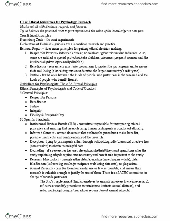 PSCH 242 Chapter Notes - Chapter 4: Institutional Animal Care And Use Committee, Institutional Review Board, Nuremberg Code thumbnail