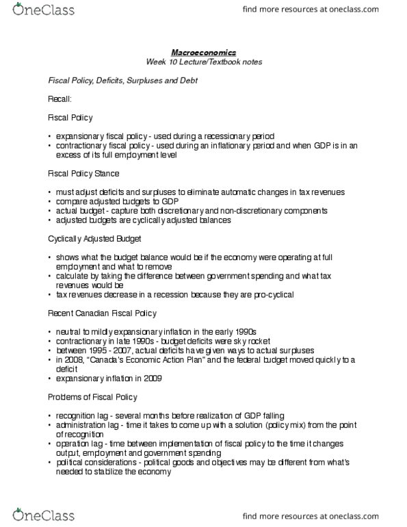 ECN 204 Lecture Notes - Lecture 9: Aggregate Demand, National Debt Of The United States, Money Supply thumbnail