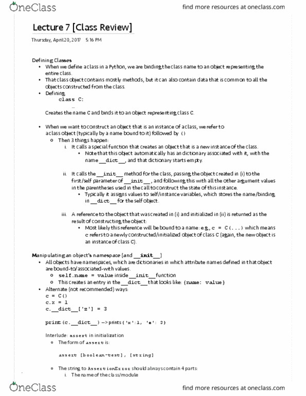 I&C SCI 33 Lecture Notes - Lecture 7: Init, Class Variable, Instance Variable thumbnail