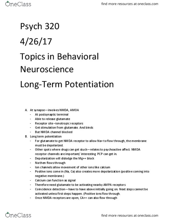 PSY 320 Lecture Notes - Lecture 10: Response Element, Neuroplasticity, Striatum thumbnail