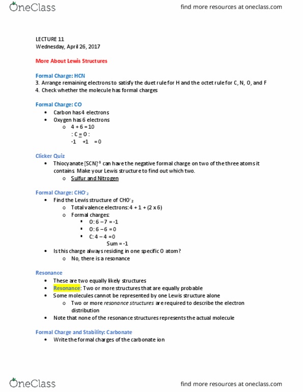 CHEM H90 Lecture Notes - Lecture 11: Unpaired Electron, Bond Length, Octet Rule thumbnail