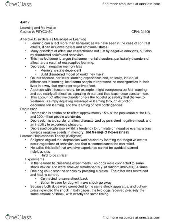 PSYC 3450 Lecture Notes - Lecture 17: Systematic Desensitization, Learned Helplessness, Discrimination Learning thumbnail