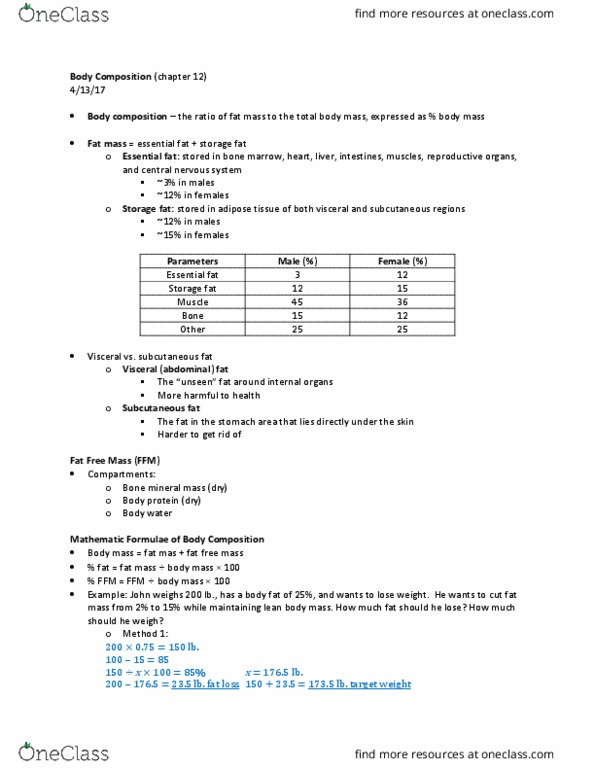 HES 250 Lecture Notes - Lecture 14: Underweight, Diuretic, Lean Body Mass thumbnail