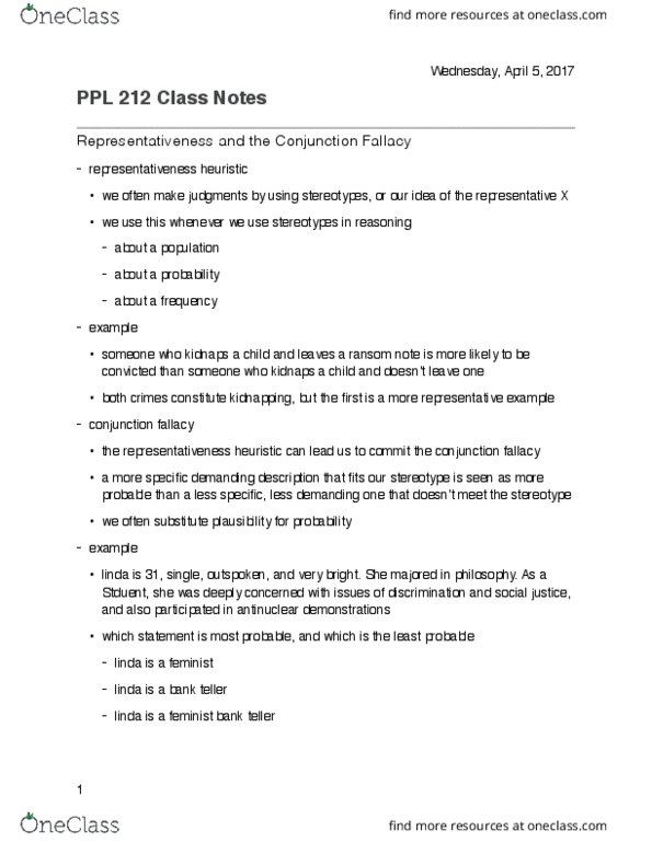 PPL 212 Lecture Notes - Lecture 18: Conjunction Fallacy, Representativeness Heuristic, Fallacy thumbnail