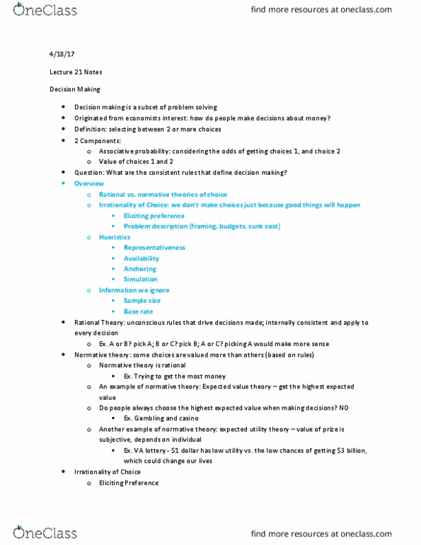 PSYC 2150 Lecture Notes - Lecture 22: Decision-Making, Sunk Costs, Utility thumbnail